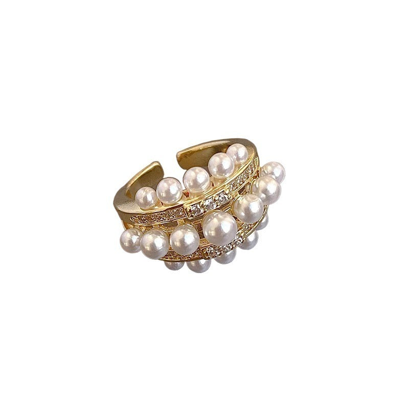 Luxury Gold Pearl Ring – Adjustable Statement Ring with White Pearls & Crystals - Aurora Adorn
