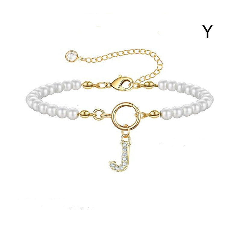 Personalized Pearl Beaded Bracelet with A–Z Letter Charm - Aurora Adorn