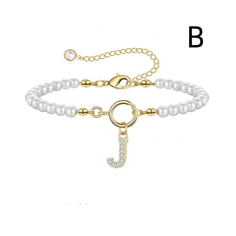 Personalized Pearl Beaded Bracelet with A–Z Letter Charm - Aurora Adorn