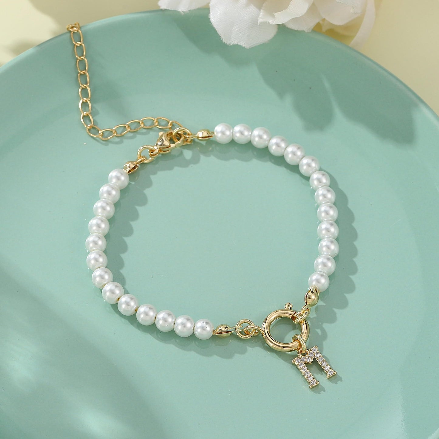 Personalized Pearl Beaded Bracelet with A–Z Letter Charm - Aurora Adorn
