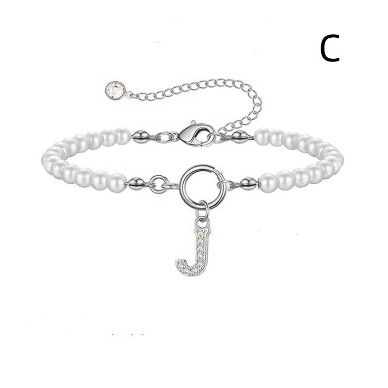 Personalized Pearl Beaded Bracelet with A–Z Letter Charm - Aurora Adorn