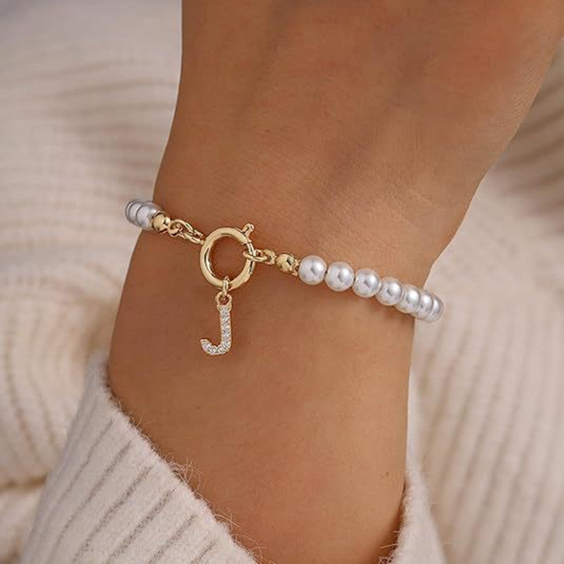 Personalized Pearl Beaded Bracelet with A–Z Letter Charm - Aurora Adorn