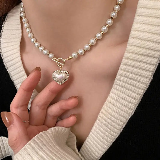 Elegant Pearl Choker Necklace with Heart Pendant - Aurora Adorn