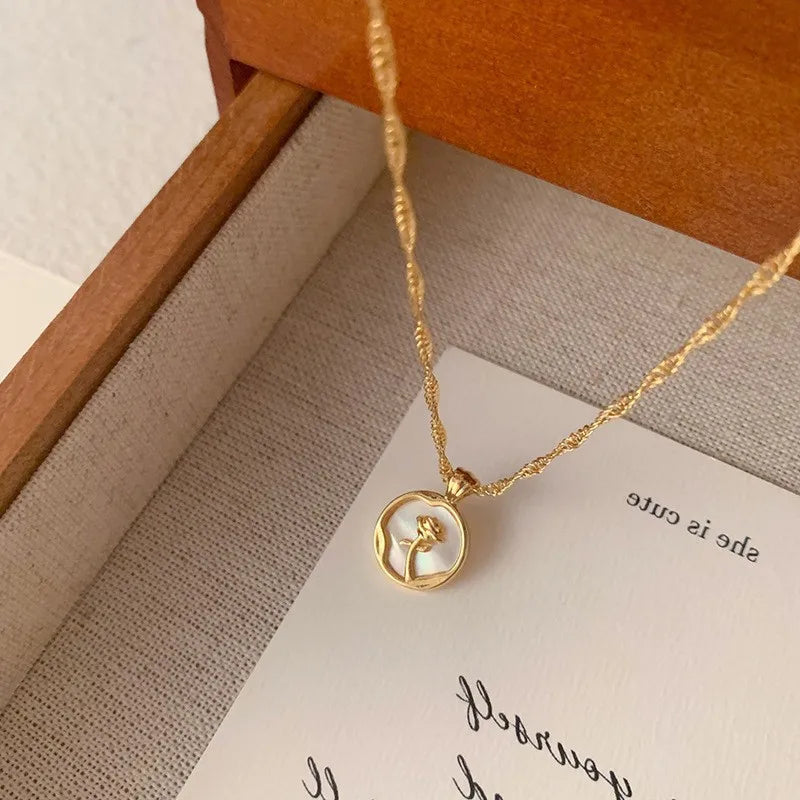 French Rose Flower Round Enamel Necklace Women Retro Luxury Minimalist - Aurora Adorn