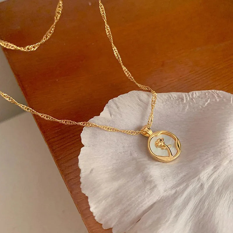 French Rose Flower Round Enamel Necklace Women Retro Luxury Minimalist - Aurora Adorn