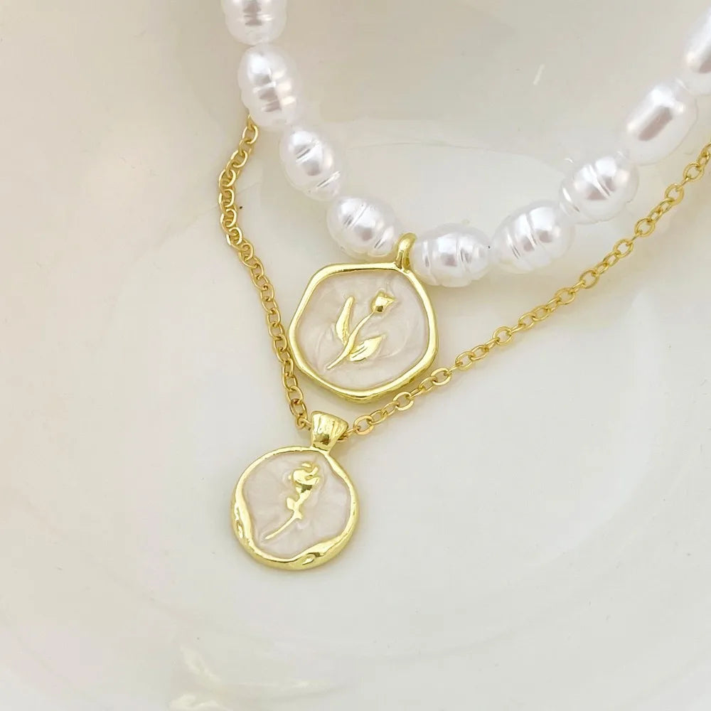 Golden Pearl Medallion Necklace – Elegant Alloy & Pearl Pendant Choker for Women - Aurora Adorn