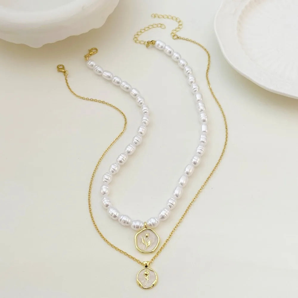Golden Pearl Medallion Necklace – Elegant Alloy & Pearl Pendant Choker for Women - Aurora Adorn