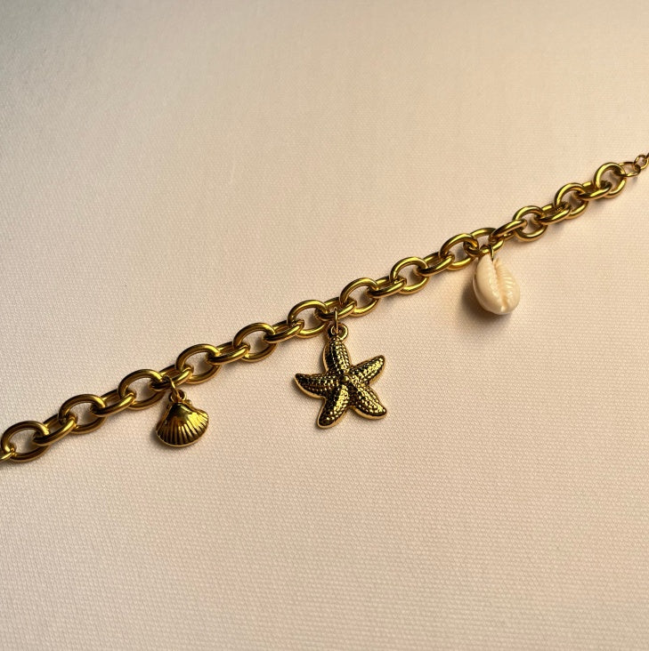 Gold Starfish Charm Bracelet with Seashell & Pearl - Aurora Adorn