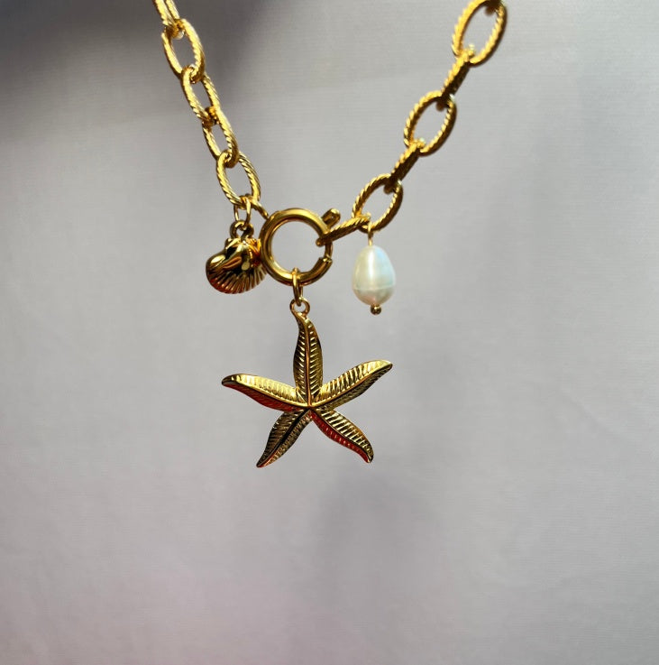 Gold Starfish Charm Bracelet with Seashell & Pearl - Aurora Adorn
