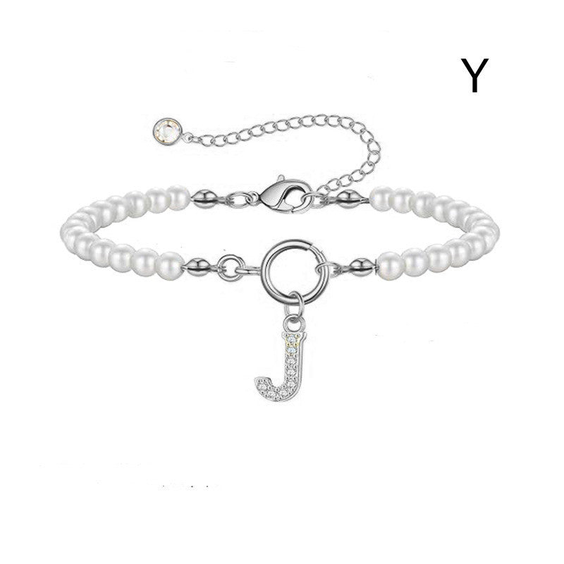 Personalized Pearl Beaded Bracelet with A–Z Letter Charm - Aurora Adorn
