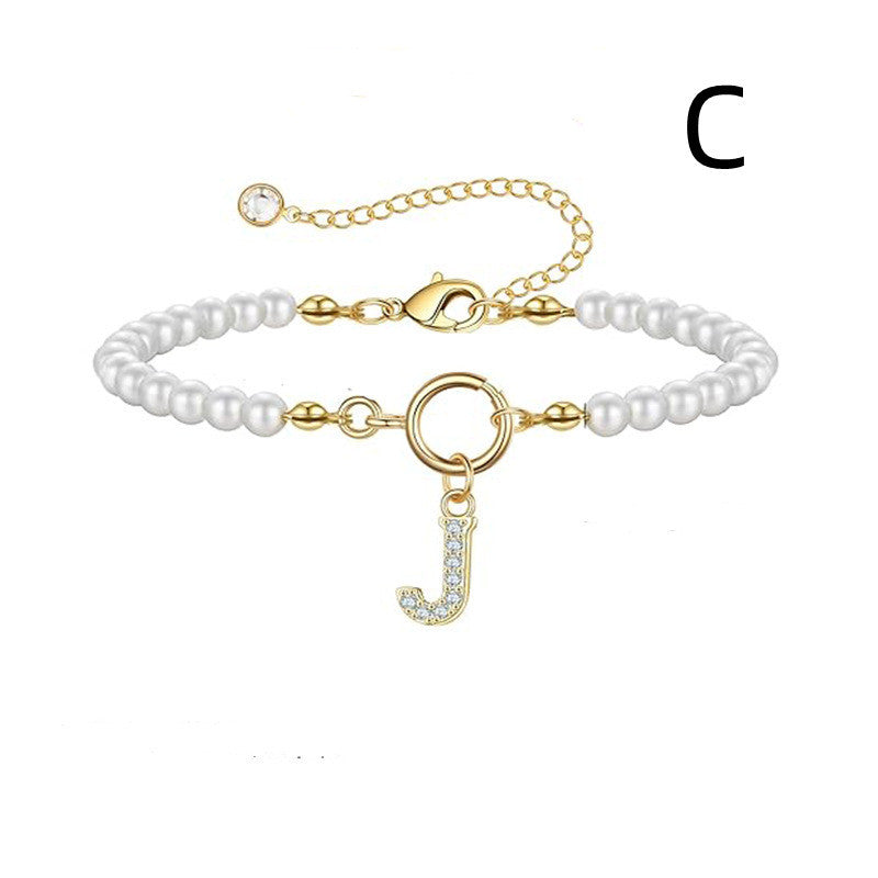 Personalized Pearl Beaded Bracelet with A–Z Letter Charm - Aurora Adorn