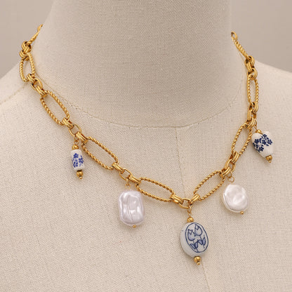 Handmade Gold Chain Necklace with Porcelain Charms & Pearls - Aurora Adorn