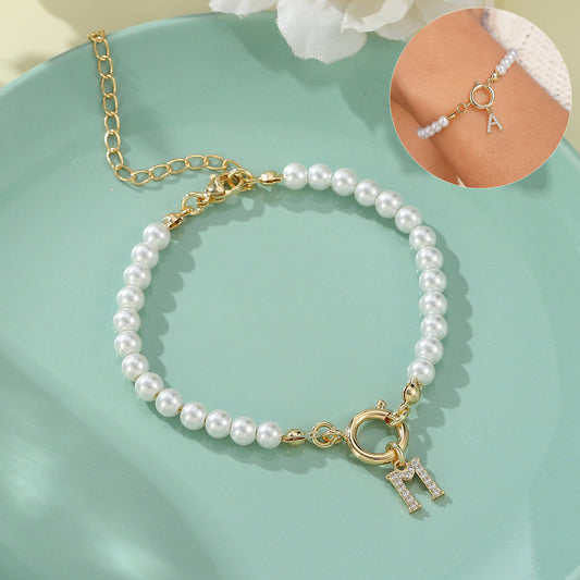 Personalized Pearl Beaded Bracelet with A–Z Letter Charm - Aurora Adorn