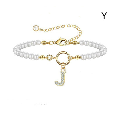 Personalized Pearl Beaded Bracelet with A–Z Letter Charm - Aurora Adorn