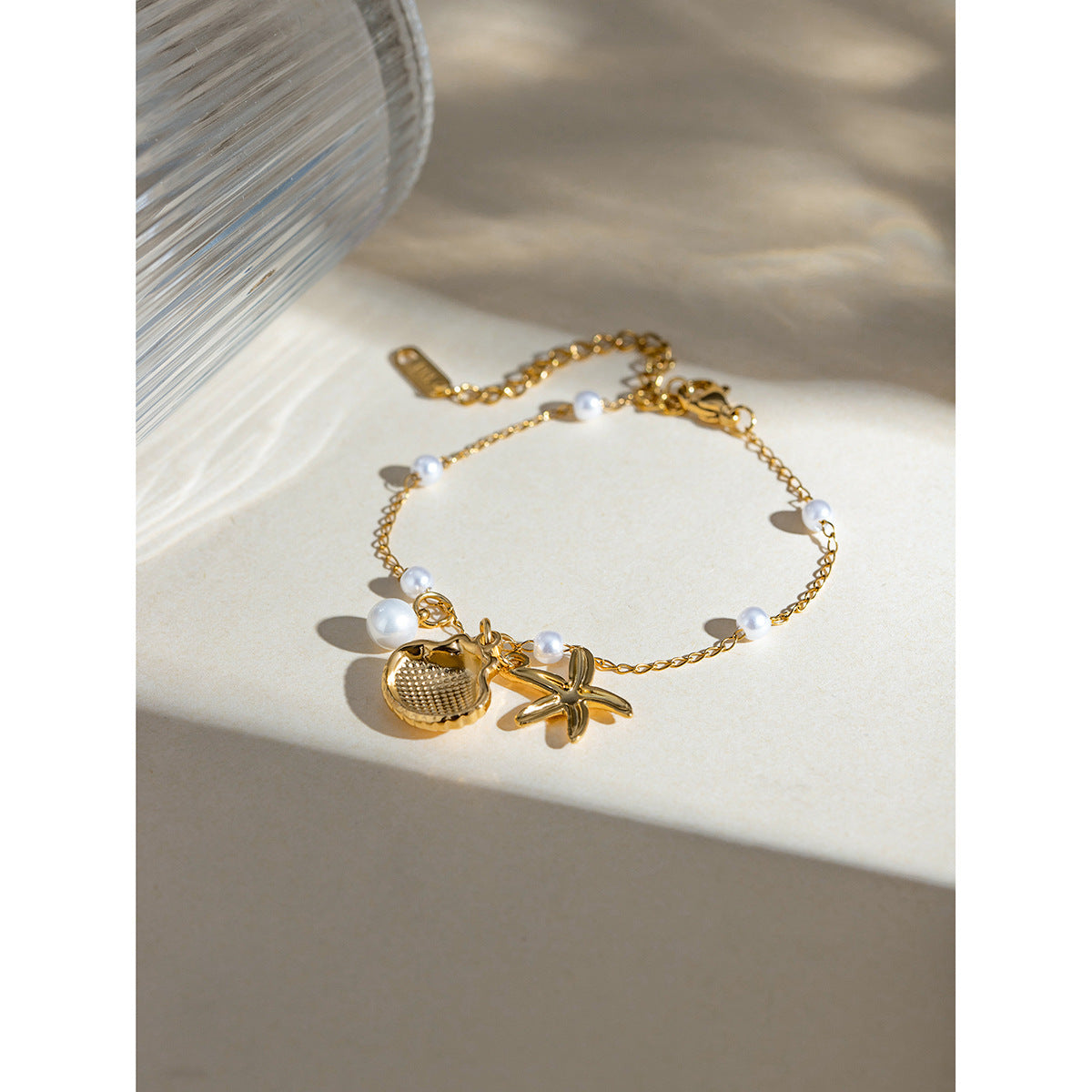 Gold Stainless Steel Seashell & Starfish Charm Bracelet with Pearls - Aurora Adorn