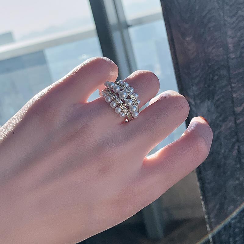 Luxury Gold Pearl Ring – Adjustable Statement Ring with White Pearls & Crystals - Aurora Adorn
