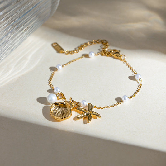 Gold Stainless Steel Seashell & Starfish Charm Bracelet with Pearls - Aurora Adorn