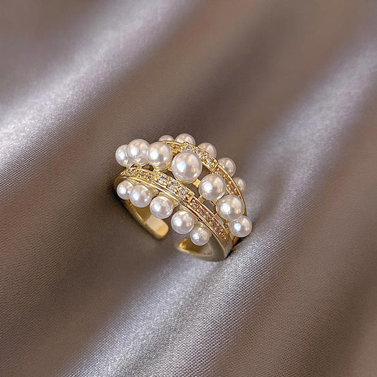 Luxury Gold Pearl Ring – Adjustable Statement Ring with White Pearls & Crystals - Aurora Adorn