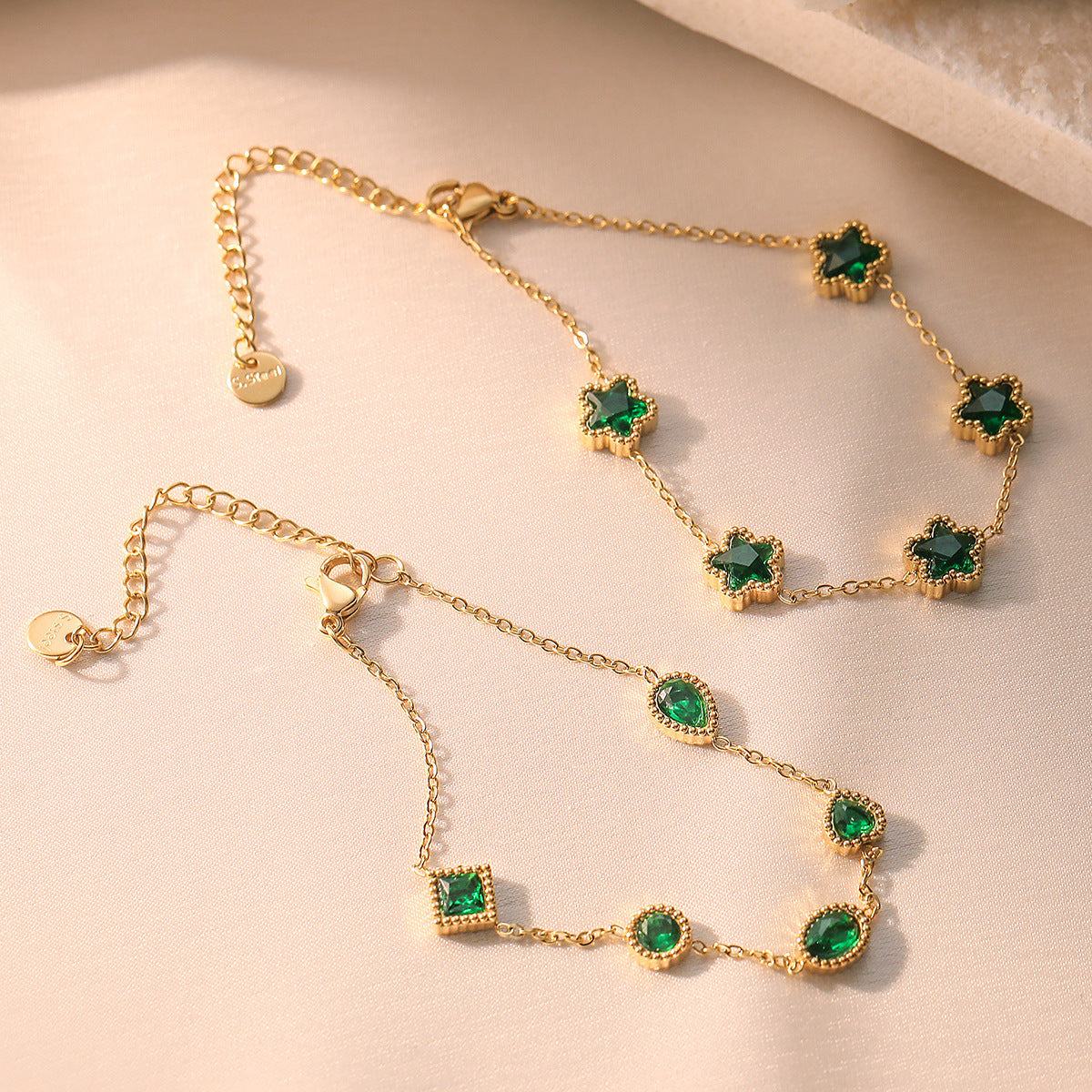 Elegant Gold Chain Bracelets with Green & White Crystal Charms - Aurora Adorn