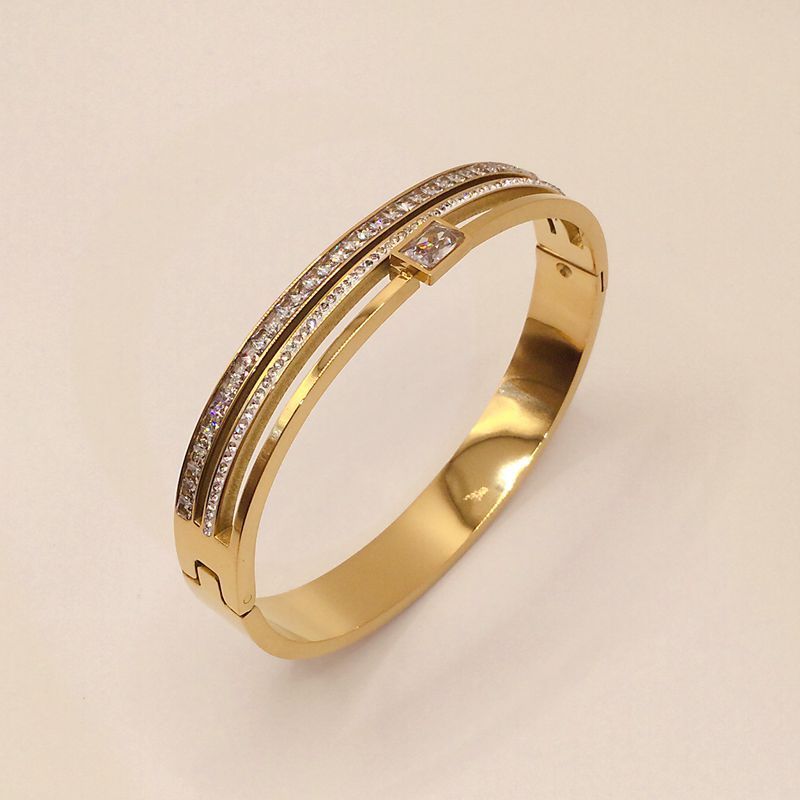 Gold Stainless Steel Bangle Bracelet with Crystal Accents - Aurora Adorn