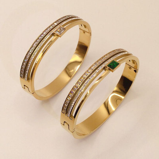 Gold Stainless Steel Bangle Bracelet with Crystal Accents - Aurora Adorn