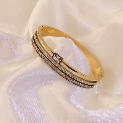 Gold Stainless Steel Bangle Bracelet with Crystal Accents - Aurora Adorn