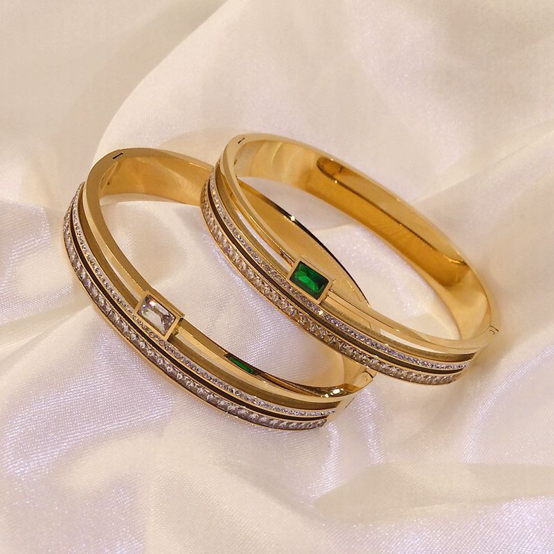 Gold Stainless Steel Bangle Bracelet with Crystal Accents - Aurora Adorn