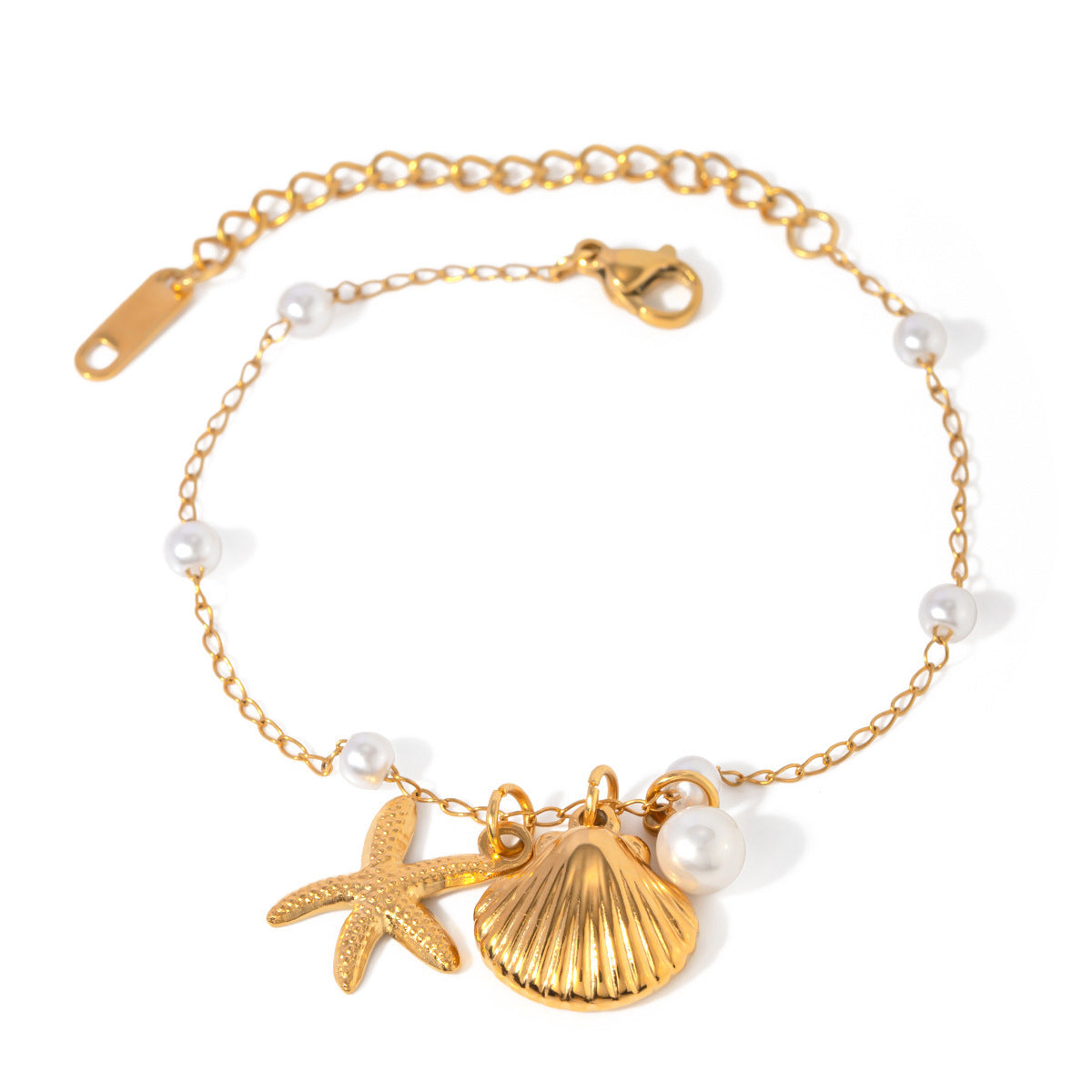 Gold Stainless Steel Seashell & Starfish Charm Bracelet with Pearls - Aurora Adorn