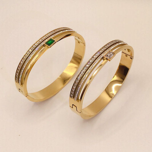 Gold Stainless Steel Bangle Bracelet with Crystal Accents - Aurora Adorn