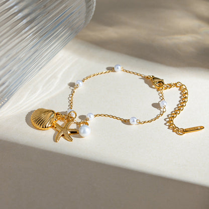 Gold Stainless Steel Seashell & Starfish Charm Bracelet with Pearls - Aurora Adorn
