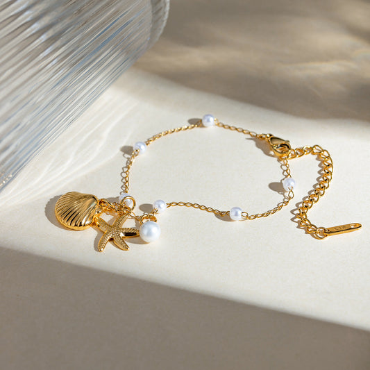 Gold Stainless Steel Seashell & Starfish Charm Bracelet with Pearls - Aurora Adorn