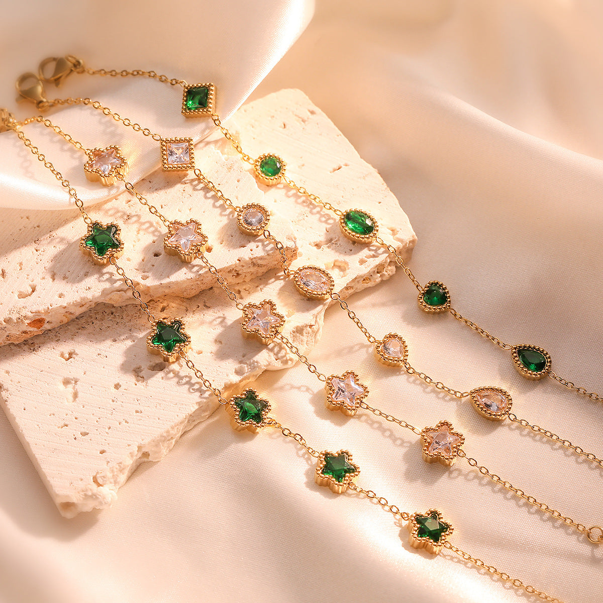 Elegant Gold Chain Bracelets with Green & White Crystal Charms - Aurora Adorn