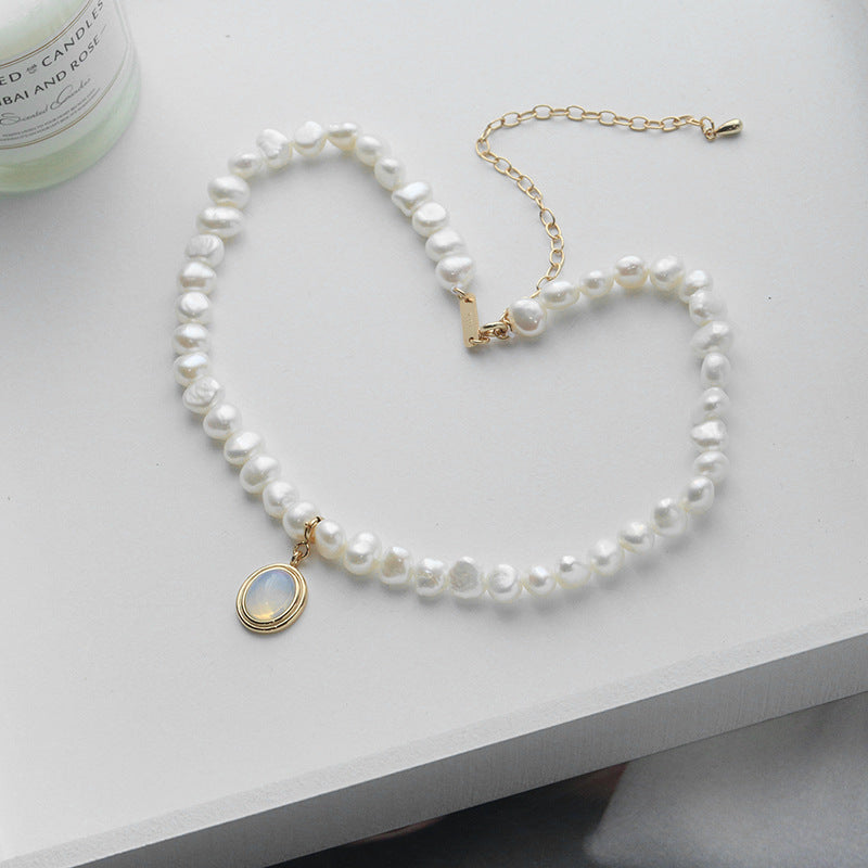 Handmade Pearl & Silver Necklace with Blue Gem Pendant - Aurora Adorn