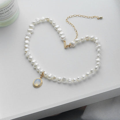 Handmade Pearl & Silver Necklace with Blue Gem Pendant - Aurora Adorn
