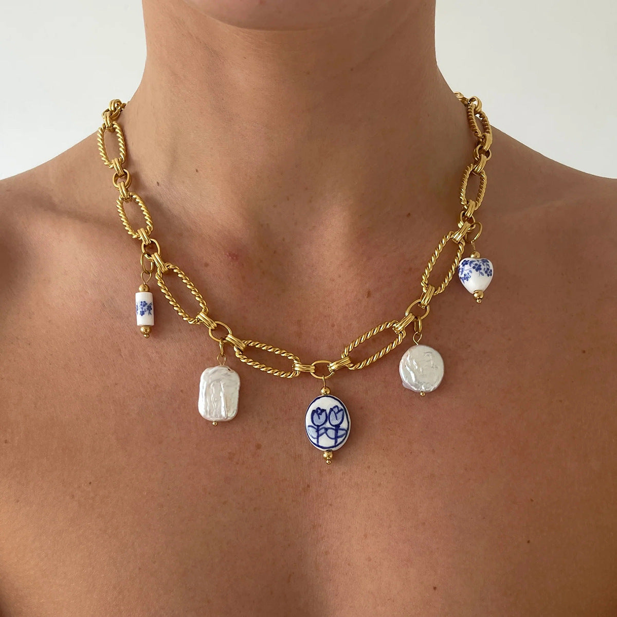 Handmade Gold Chain Necklace with Porcelain Charms & Pearls - Aurora Adorn
