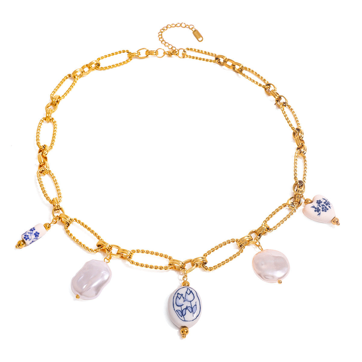 Handmade Gold Chain Necklace with Porcelain Charms & Pearls - Aurora Adorn