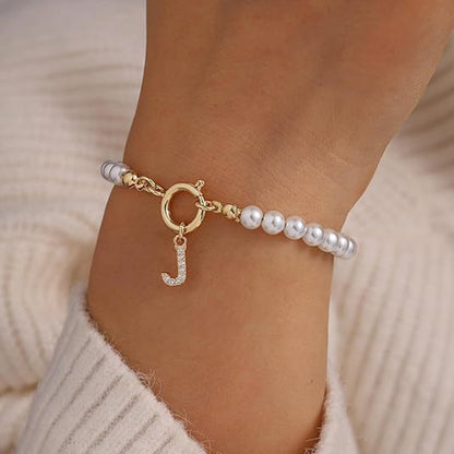 Personalized Pearl Beaded Bracelet with A–Z Letter Charm - Aurora Adorn