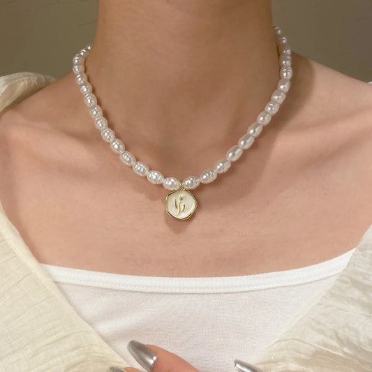 Golden Pearl Medallion Necklace – Elegant Alloy & Pearl Pendant Choker for Women - Aurora Adorn