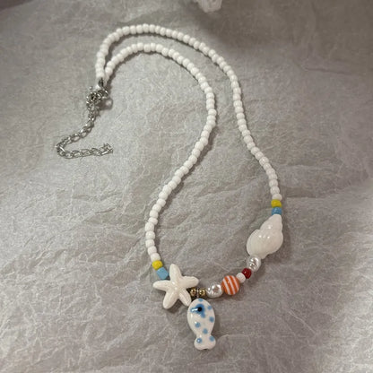 Handmade Ceramic Seashell & Starfish Beaded Necklace - Aurora Adorn