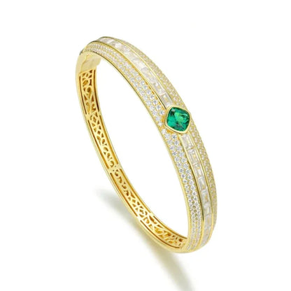 Luxury Emerald & Diamond Bangle Bracelet – 925 Sterling Silver, Gold Plated, Certified Fine Jewelry - Aurora Adorn