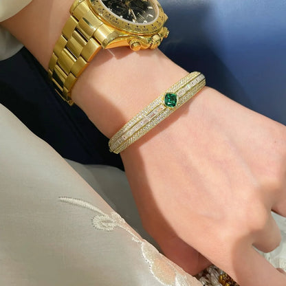 Luxury Emerald & Diamond Bangle Bracelet – 925 Sterling Silver, Gold Plated, Certified Fine Jewelry - Aurora Adorn