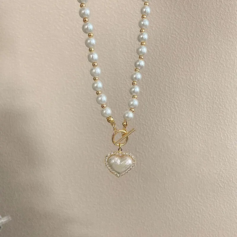 Elegant Pearl Choker Necklace with Heart Pendant - Aurora Adorn