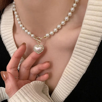Elegant Pearl Choker Necklace with Heart Pendant - Aurora Adorn