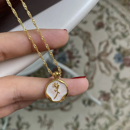 French Rose Flower Round Enamel Necklace Women Retro Luxury Minimalist - Aurora Adorn