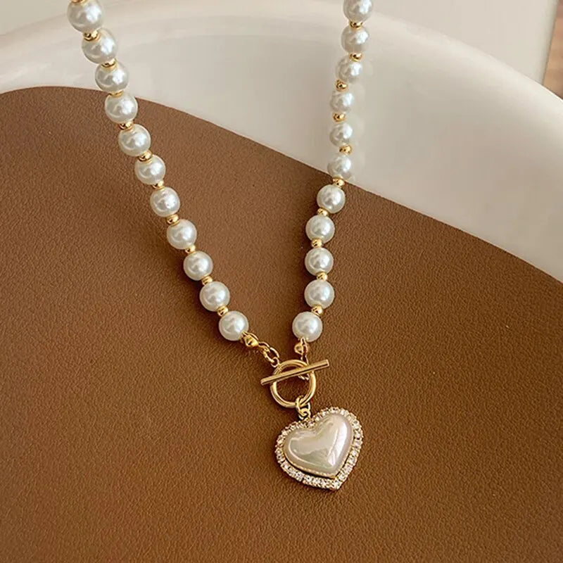 Elegant Pearl Choker Necklace with Heart Pendant - Aurora Adorn
