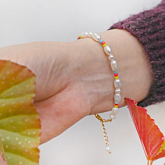Pearl & Silver Beaded Bracelet – Elegant Women’s Jewelry with Color Accents