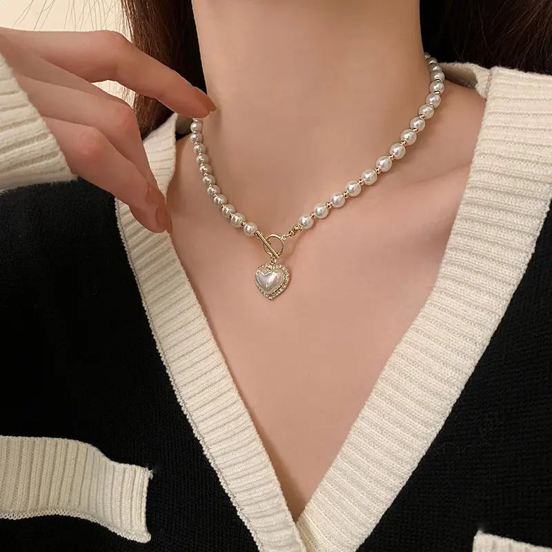 Elegant Pearl Choker Necklace with Heart Pendant - Aurora Adorn