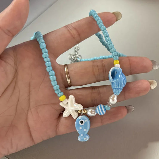 Handmade Ceramic Seashell & Starfish Beaded Necklace - Aurora Adorn