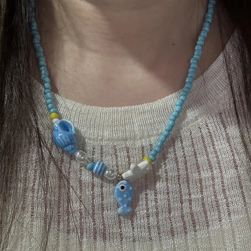 Handmade Ceramic Seashell & Starfish Beaded Necklace - Aurora Adorn