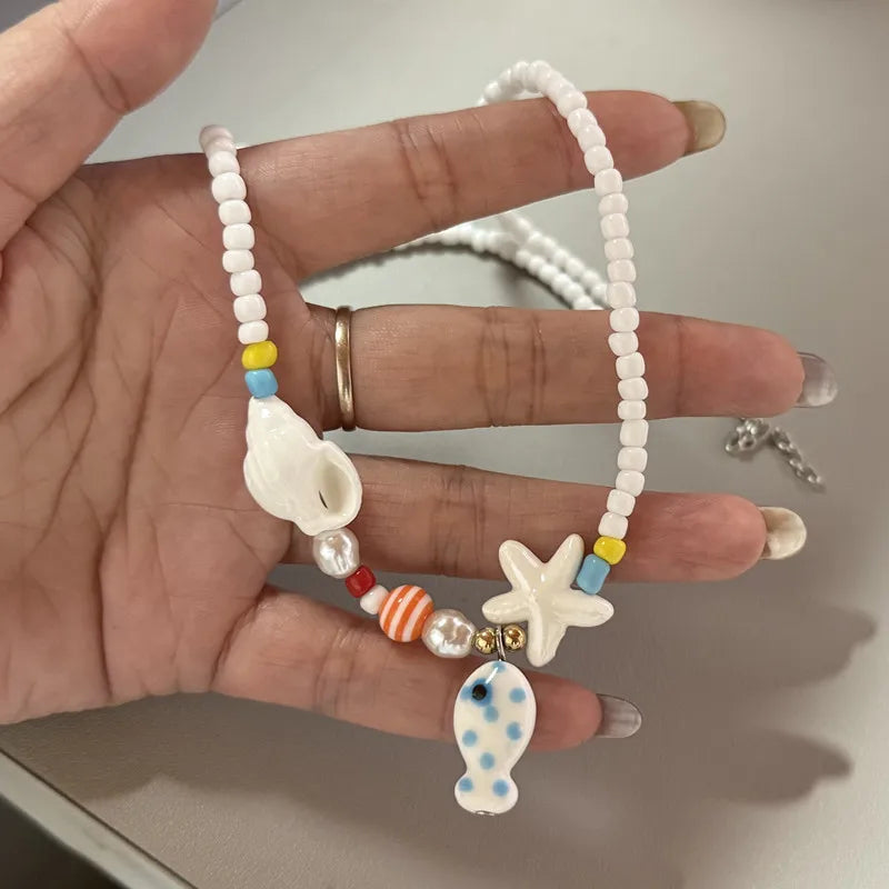 Handmade Ceramic Seashell & Starfish Beaded Necklace - Aurora Adorn